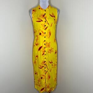 Bali Batiks Resort Wear Shirt Dress MEDIUM Midi Yellow Floral Sheath Tropical